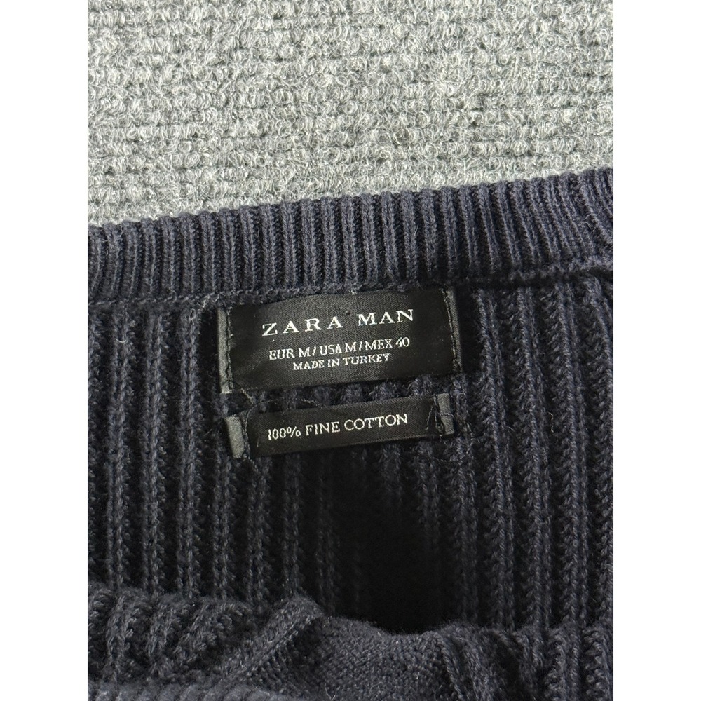 Zara Man Navy Blue Ribbed Knit 100% Fine Cotton Crewneck Sweater Mens Medium - Picture 3 of 5